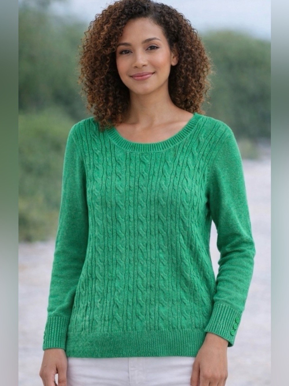 Talbots Green Cable Knit Sweater Women’s XL Crewneck Button Cuff